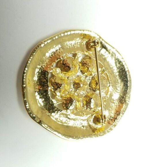 Vintage Gold Tone and Pastel Rainbow Rhinestone Brooch, Unique Retro Shape, 80s - Picture 4 of 6